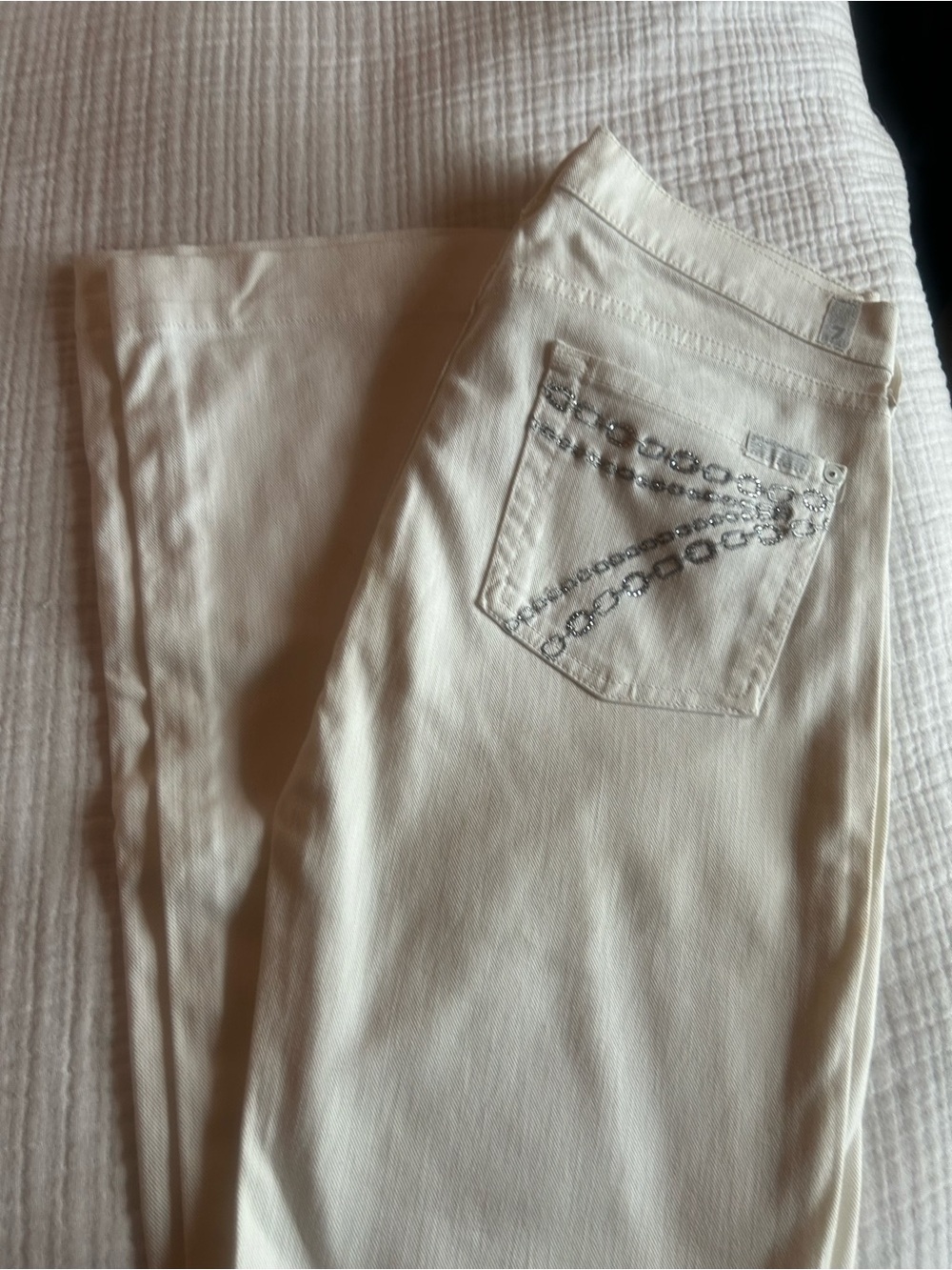 7 For All Mankind Cream Flare Jeans with Rhinestone Pocket